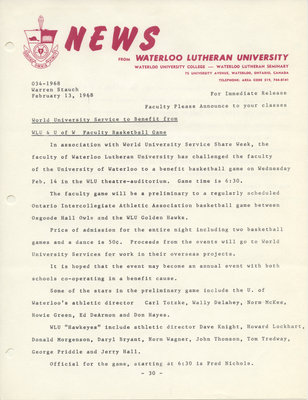 034-1968 : World University Service to benefit from WLU & U of W faculty basketball game