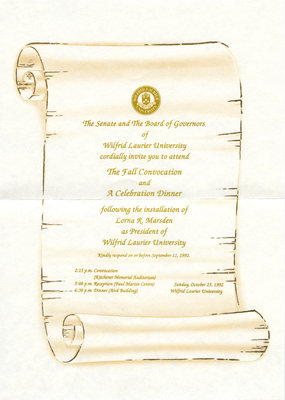 Wilfrid Laurier University 1992 fall convocation ceremony and celebration dinner invitation