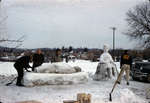 Students building snow sculpture, Waterloo Lutheran University Winter Carnival 1962