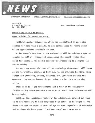 035-1975 : Women's Day at WLU to stress opportunities for part-time study