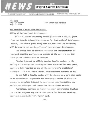 057-1976 : WLU receives a grant from OUPID for office of Instructional Development