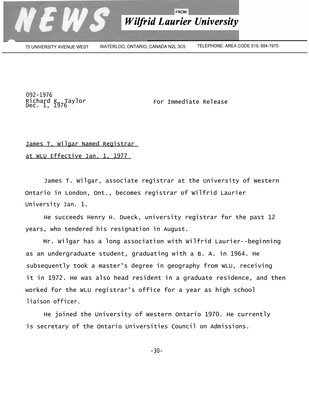 092-1976 : James T. Wilgar named registrar at WLU effective Jan. 1, 1977