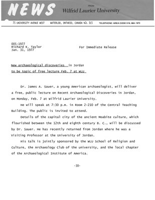 005-1977 : New archaeological discoveries in Jordan to be topic of free lecture Feb. 7 at WLU
