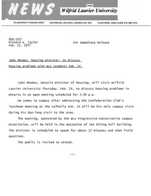 009-1977 : John Rhodes, housing minister, to discuss housing problems with WLU students Feb. 24