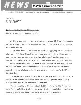 013-1977 : Students naming WLU as first choice double in two years, report reveals