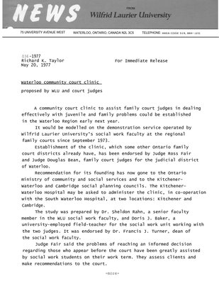 036-1977 : Waterloo community court clinic proposed by WLU and court judges