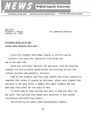 003-1979 : Enrolment going up at WLU enrols more students this term