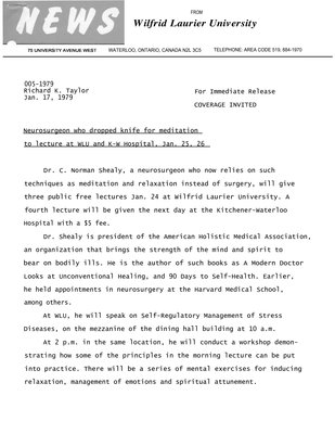 005-1979 : Neurosurgeon who dropped knife for meditation to lecture at WLU and K-W Hospital, Jan. 25, 26