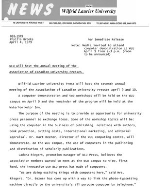 028-1979 : WLU will host the annual meeting of the Association of Canadian University Presses