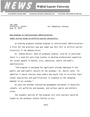 067-1979 : New program in institutional administration under active study at Wilfrid Laurier University