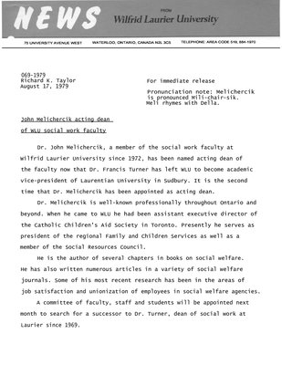 069-1979 : John Melichercik acting dean of WLU social work faculty