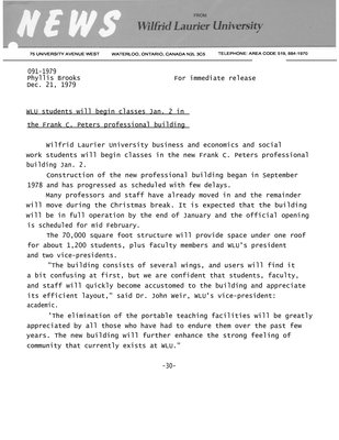 091-1979 : WLU students will begin classes Jan. 2 in the Frank C. Peters professional building