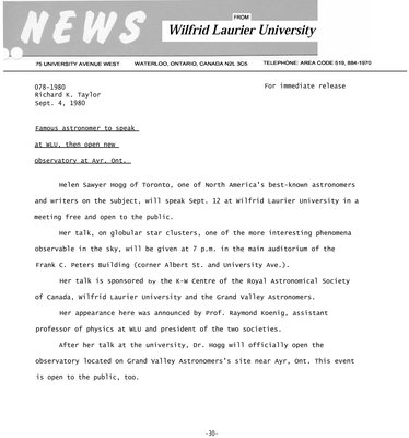 078-1980 : Famous astronomer to speak at WLU, then open new observatory at Ayr, Ont.