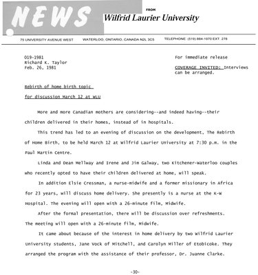 019-1981 : Rebirth of home birth topic for discussion March 12 at WLU