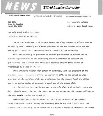 028-1981 : Joe Veit voted student president, in vote at Laurier University