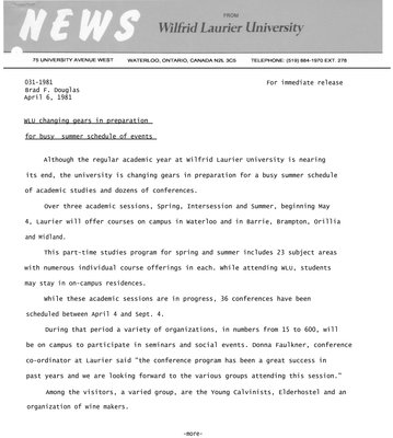 031-1981 : WLU changing gears in preparation for busy summer schedule of events