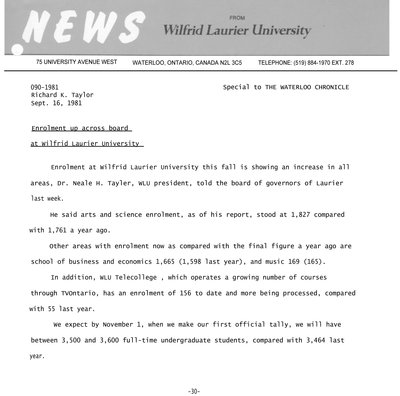 090-1981 : Enrolment up across board at Wilfrid Laurier University