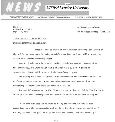 098-1981 : 3 Laurier political scientists discuss constitution Wednesday