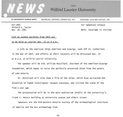 117-1981 : Talk on sunken warships from 1812 war to be held at Laurier Nov. 25 at 8 p.m.