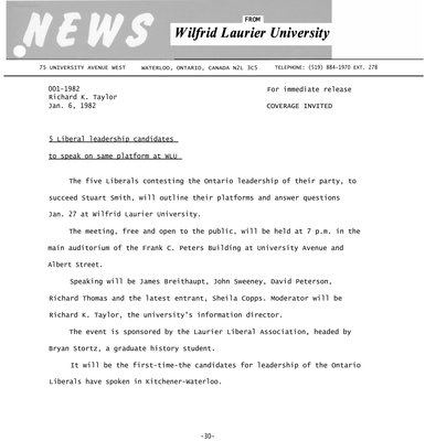 001-1982 : 5 Liberal leadership candidates to speak on same platform at WLU