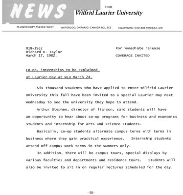 018-1982 : Co-op, internships to be explained at Laurier Day at WLU March 24