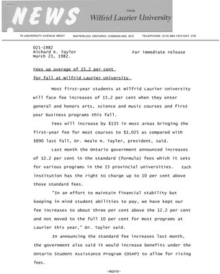 021-1982 : Fees up average of 15.2 per cent for fall at Wilfrid Laurier University