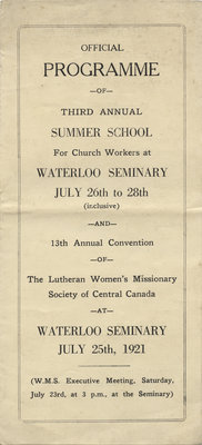 Third annual Summer School for Church Workers and thirteenth annual convention of the Lutheran Women's Missionary Society of Central Canada, 1921