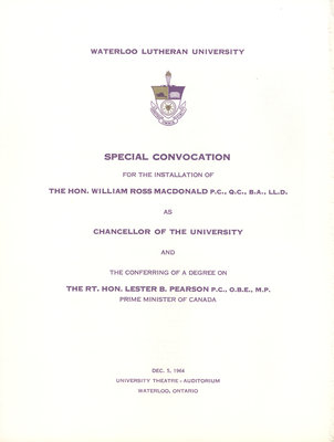 Waterloo Lutheran University special convocation 1964 program