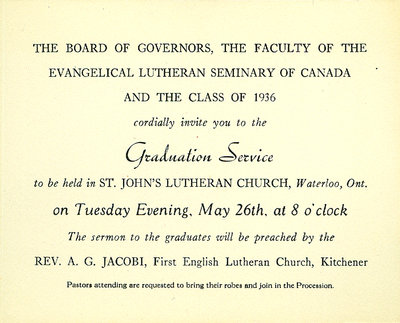 Evangelical Lutheran Seminary of Canada graduation service invitation, 1936