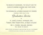 Evangelical Lutheran Seminary of Canada graduation service invitation, 1937