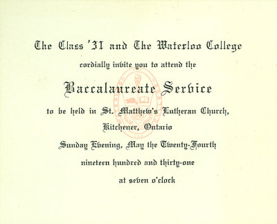 Waterloo College baccalaureate service invitation, 1931