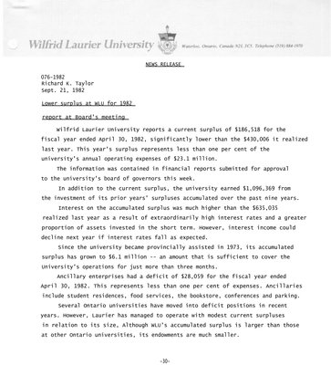 076-1982 : Lower surplus at WLU for 1982 report at Board's meeting