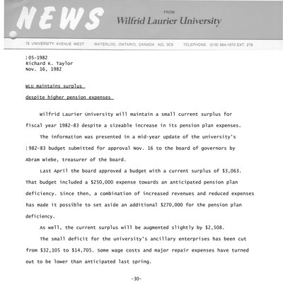 105-1982 : WLU maintains surplus despite higher pension expenses