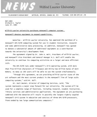 067-1983 : Wilfrid Laurier University purchases Honeywell computer system : Honeywell donates equipment to expand capabilities