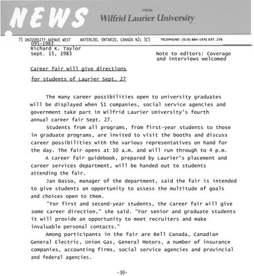 095b-1983 : Career fair will give directions for students of Laurier Sept. 27