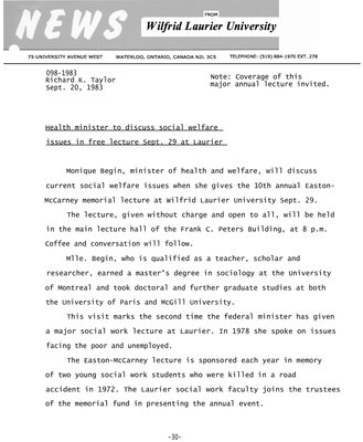 098-1983 : Health minister to discuss social welfare issues in free lecture Sept. 29 at Laurier