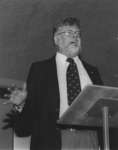 Charles Lynch speaking at Wilfrid Laurier University