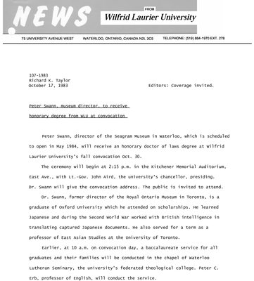 107-1983 : Peter Swann, museum director, to receive honorary degree from WLU at convocation