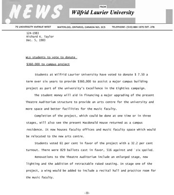 124-1983 : WLU students to vote to donate $360,000 to campus project