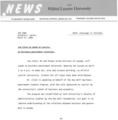 035-1984 : Joe Clark to speak at Laurier on business-government relations