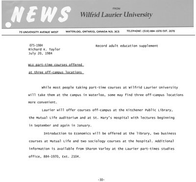 075-1984 : WLU part-time courses offered at three off-campus locations