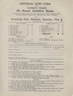 Waterloo College Invitation Games individual entry form, 1946