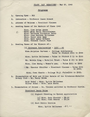 Waterloo College Class Day Exercises programme, 1940