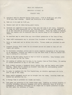 Rules and regulations governing residence in Willison Hall, ca. 1956