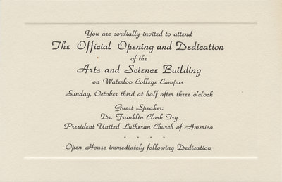 Invitation to opening and dedication of the Arts and Science Building at Waterloo College, October 1954