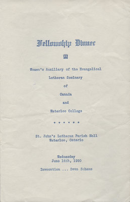 Women's Auxiliary of the Evangelical Lutheran Seminary of Canada and Waterloo College fellowship dinner program, 1950