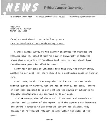 022-1985 : Canadians want domestic parts in foreign cars Laurier Institute cross-Canada survey shows