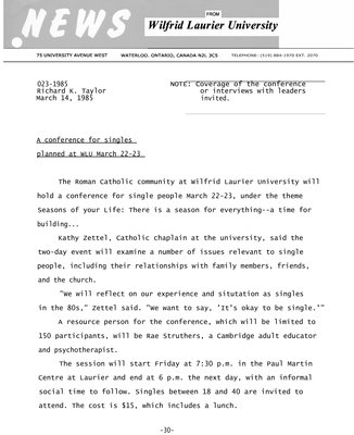 023b-1985 : A conference for singles planned at WLU March 22-23