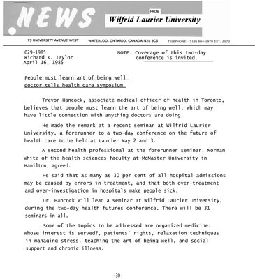 029-1985 : People must learn art of being well doctor tells health care symposium