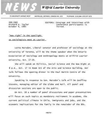 099-1985 : &quot;New right&quot; in the spotlight as sociologists meet at Laurier